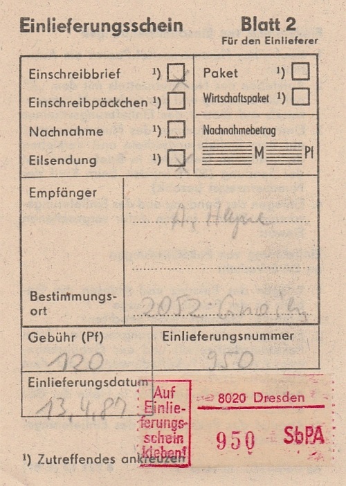 zugehöriger Einlieferungsschein